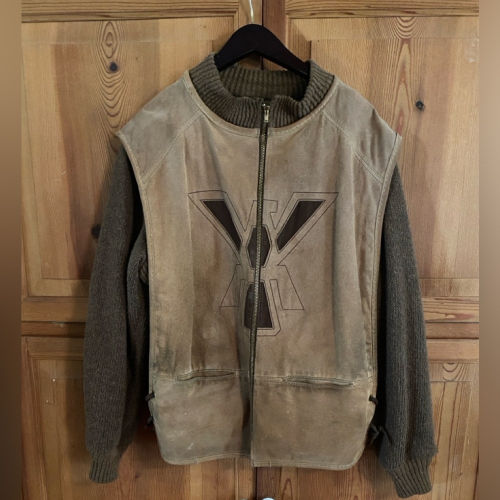 Vintage 80’s brown suede jacket wool knitted sleeves XL no label lace up detail